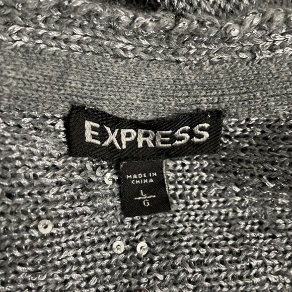 Express Women’s Cardigan L Gray Sequin Open Front Sparkly Glam Chic Sweater - Picture 7 of 9
